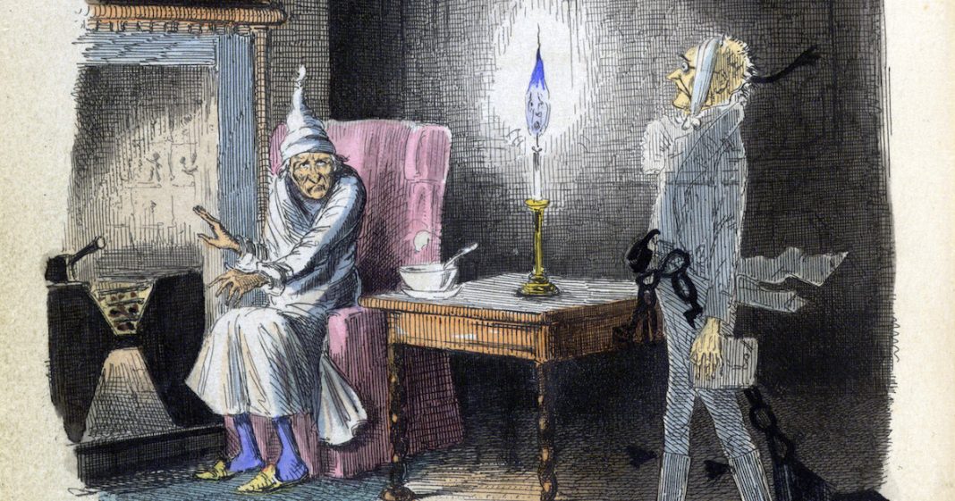A Christmas Carol in prose. - caption: 'Marley's Ghost. Ebenezer Scrooge visited by a ghost.'